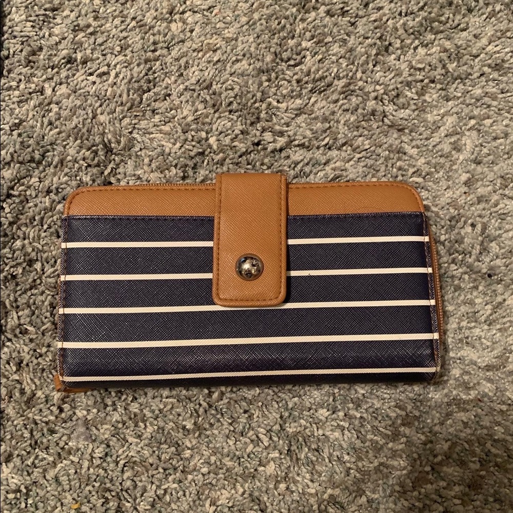 Blue and brown striped wristlet wallet.